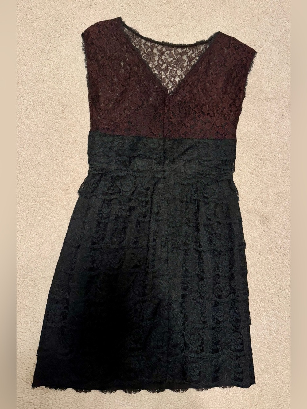 Lace V-Neck Two-Tone Dress in Burgundy and Black